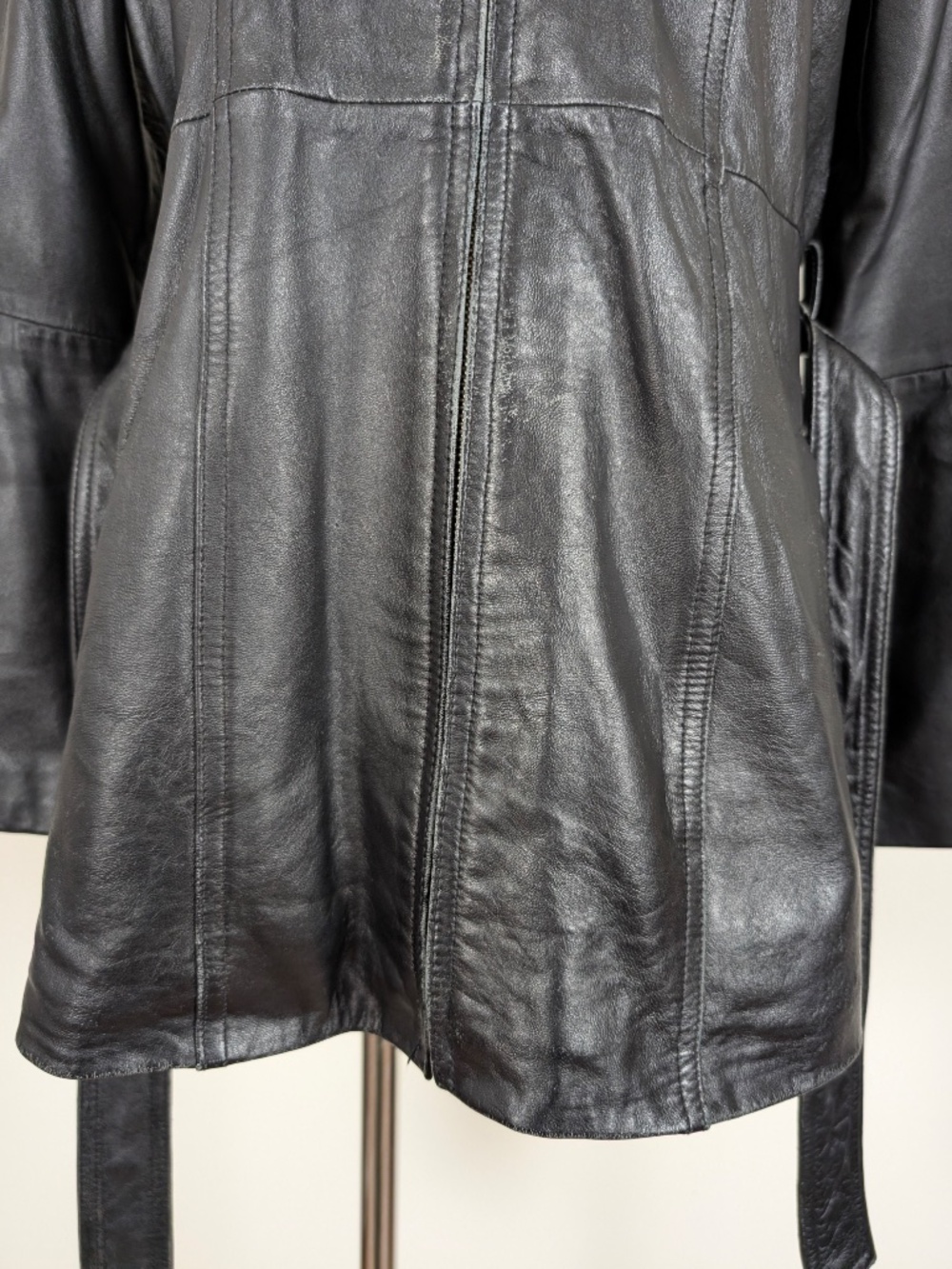 Vintage Leather Jacket Belted Size Medium Black Biker - Picture 6 of 14